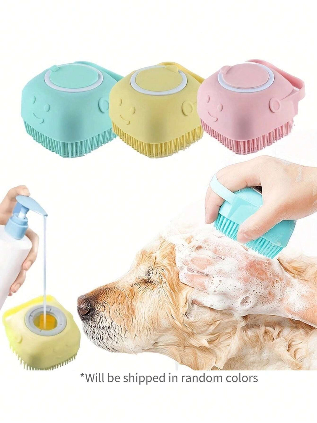 JAMova Pet Shampoo Brush, Silicone Massage Rubber Bath Comb with Shampoo Dispenser, for Dogs and Cats Grooming Tool, Random Color Delivery